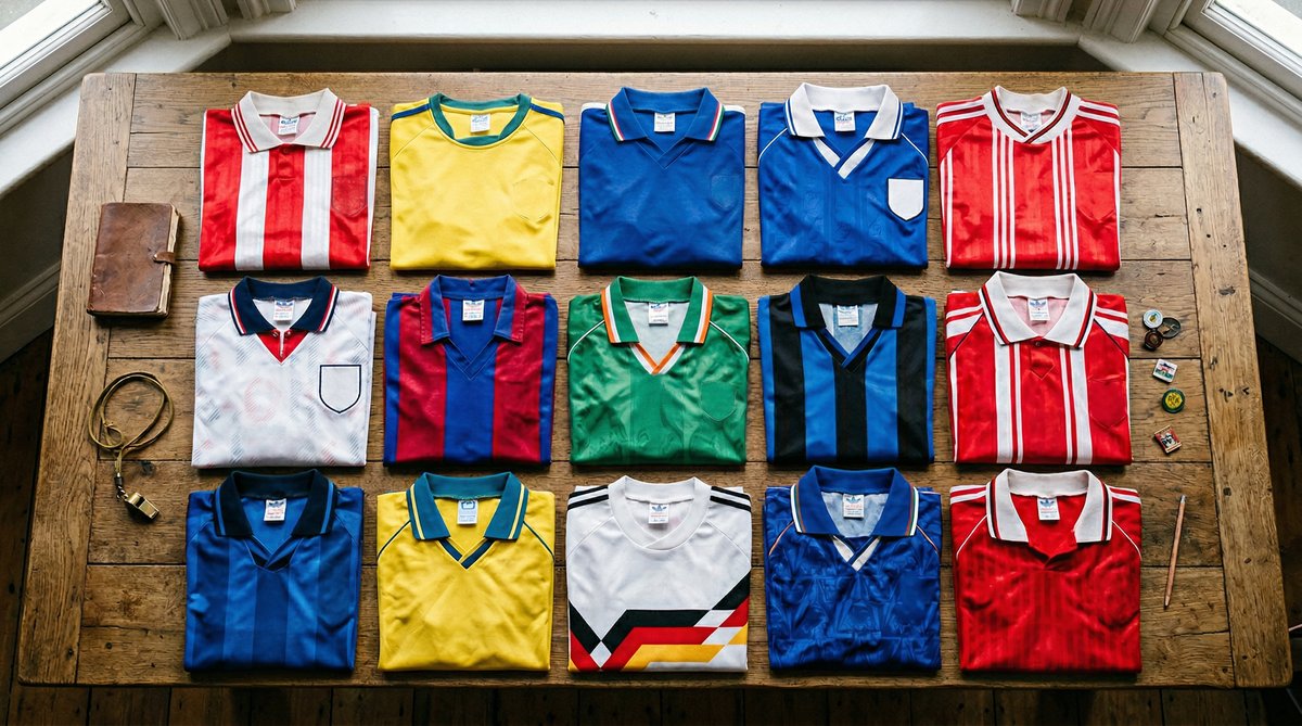 Colección de camisetas de fútbol retro vintage sobre mesa de madera