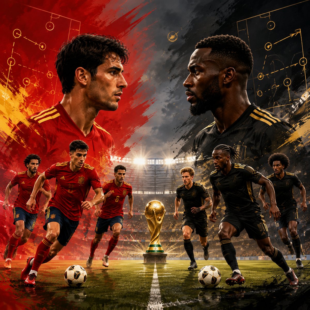 Previa de España vs Bélgica en el Mundial 2026 con ilustración editorial de cuartos de final